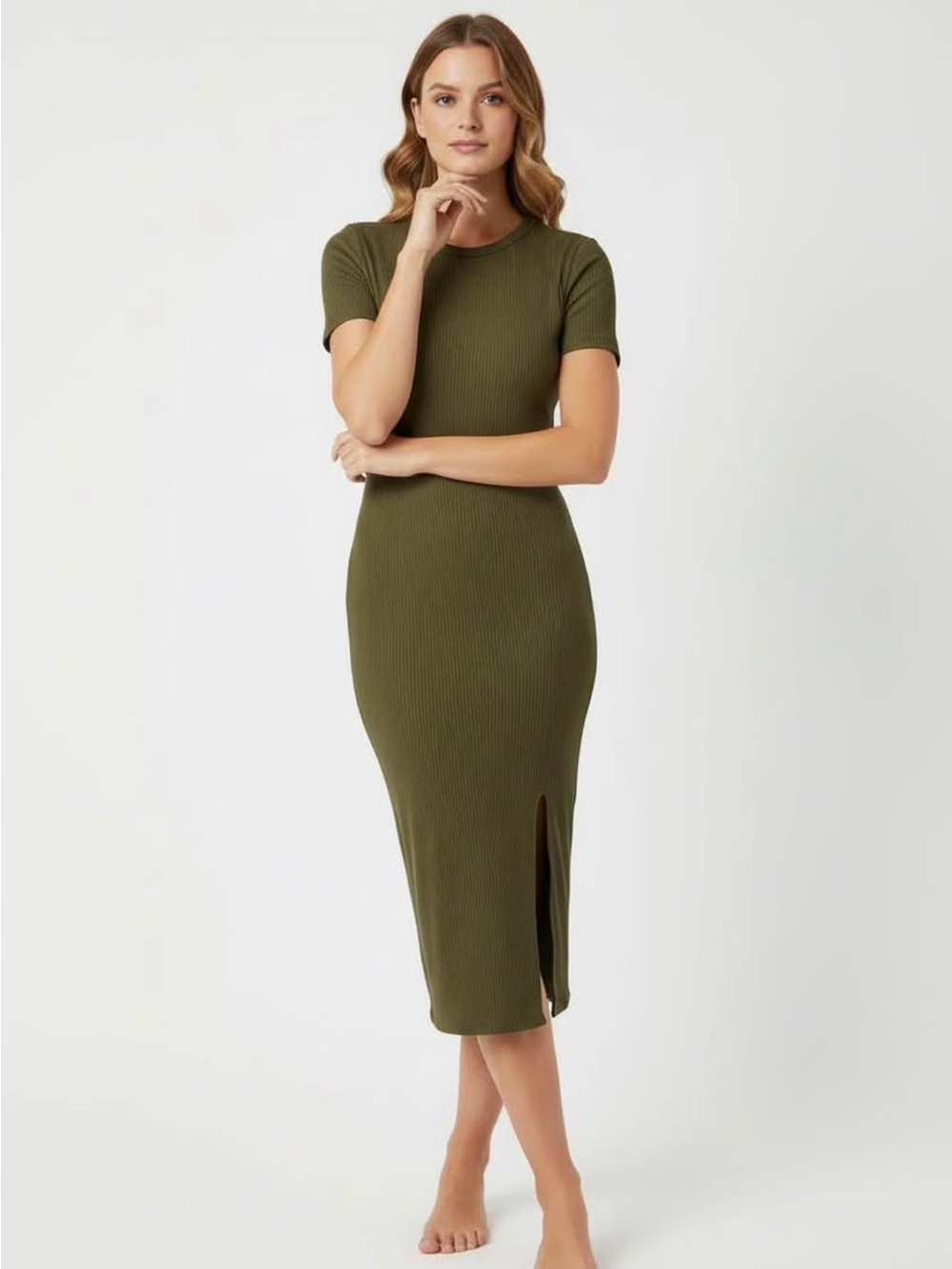 Ribbed Short-Sleeve Midi Dress in Olive Green
